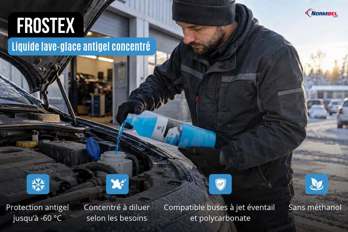 En hiver devant un atelier auto, un mécanicien qui verse l'antigel lave glace Frostex Normfest dans le réservoir lave-glace d'une voiture