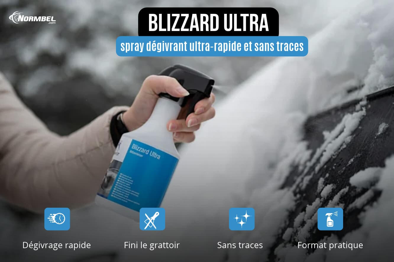 Blizzard Ultra Normfest Une femme qui pulvérise du degivrant pare brise Blizzard Ultra sur un pare-brivé recouvert de gel